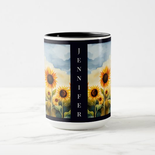 Monogramm rustikale Whimsical Watercolor Sonnenblu Tasse (Zentrum)