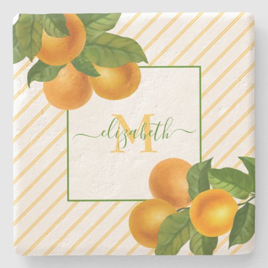 Monogramm rustikale Zitrusfrüchteorangen, Aquarell Steinuntersetzer (Vorderseite)