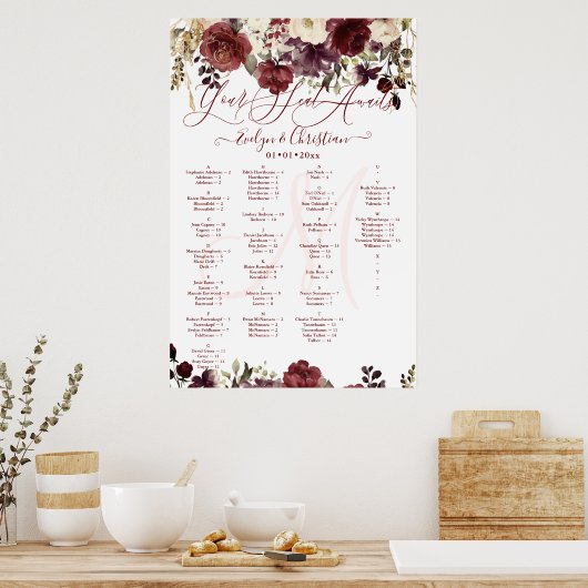 Monogramm rustikaler Blütenblausch Burgundy Fall F Poster (Küche)
