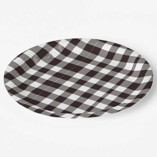 Monogramm rustikaler Chic Braun und Weiß Kariert Pappteller (Schrägansicht)