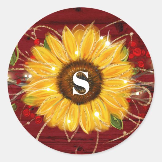 Monogramm-rustikaler roter runder aufkleber (Vorderseite)