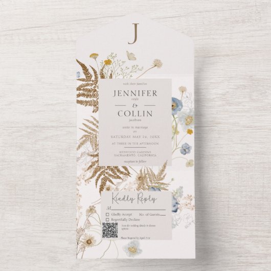 Monogramm rustikaler Wildblumen auf Creme QR-Code All In One Einladung (Innen Boden)