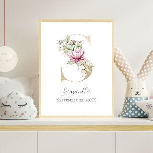 Monogramm S Rosa Weiße Blumen Gold Buchstabe Kinde Poster