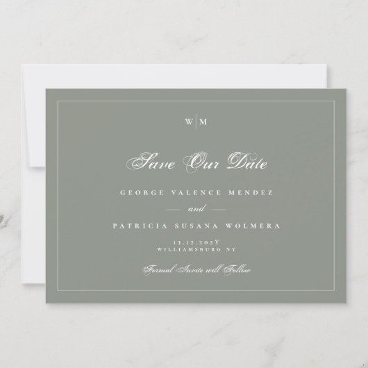 Monogramm-Sage Grey Foto Hochzeit Save The Date (Vorderseite)