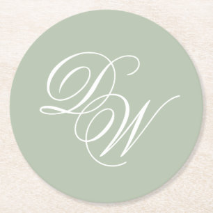 Monogramm Sagegrün Hochzeit Schlicht Elegant Schri Runder Pappuntersetzer