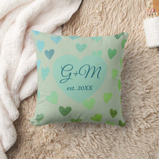 Monogramm Salbei-Blau-Retro-Boho Herz Muster Kissen (Decke)