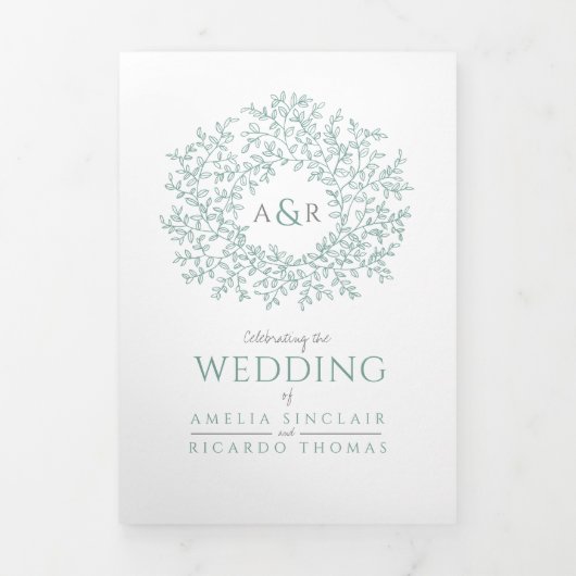 Monogramm Salbei Grün Blätter Hochzeit All-in-One Dreifach Gefaltete Einladung (Cover)