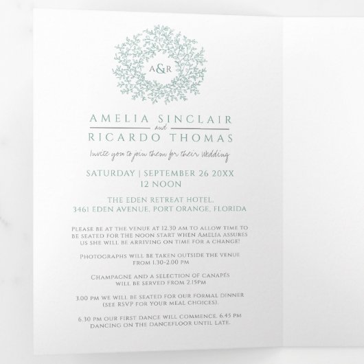 Monogramm Salbei Grün Blätter Hochzeit All-in-One Dreifach Gefaltete Einladung (Innen Erste Seite)