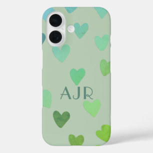 Monogramm Salbei-Grüne-Minze-Retro-Herz-Muster iPhone 16 Hülle