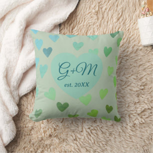Monogramm Salbeigrün Blau Retro Boho Herzen Muster Kissen