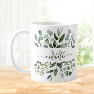 Monogramm Salbeigrün Eukalyptus Grünzeug Blätter   Kaffeetasse