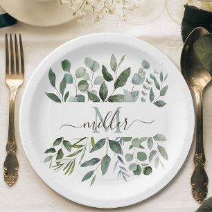 Monogramm Salbeigrün Eukalyptus Grünzeug Blätter Pappteller