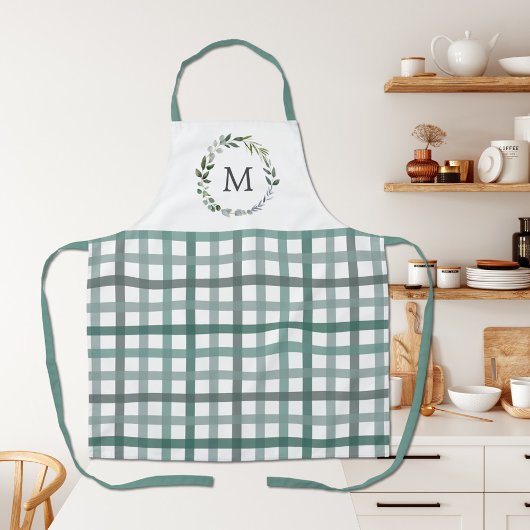 Monogramm Salbeigrüne Blätter Gingham Karomuster Schürze