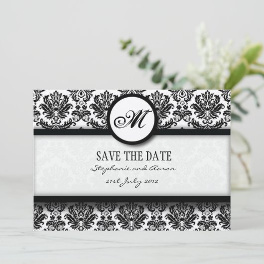 Monogramm-Save the Date-Karte für Schwarz und Weiß Save The Date (Stehend Vorderseite)