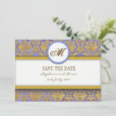 Monogramm-Save the Date-Karte mit Blue Damask und  Save The Date (Stehend Vorderseite)