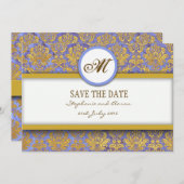 Monogramm-Save the Date-Karte mit Blue Damask und  Save The Date (Vorne/Hinten)