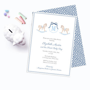 Monogramm Schaukelpferd Baby Shower für Jungen-Par Einladung