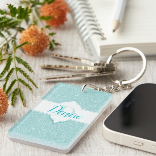 Monogramm-Schlüsselanhänger für aquamarine Glitzer Schlüsselanhänger (Vorderseite rechts)