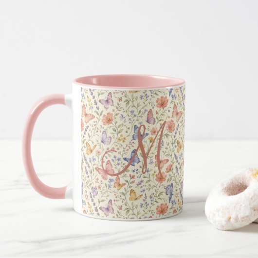 Monogramm Schmetterlinge Aquarell Blumen Geschenk  Tasse (Mit Donut)