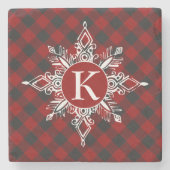 Monogramm-Schneeflocke auf kariert Steinuntersetzer (Vorderseite)