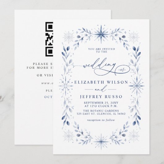 Monogramm-Schneeflocken Blau Winter QR-Code Hochze Einladung (Vorne/Hinten)