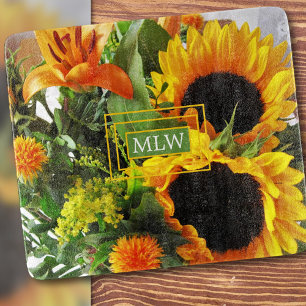 Monogramm, schöne Sonnenblumen Printglas Schneidebrett
