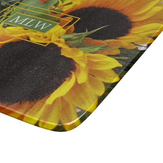 Monogramm, schöne Sonnenblumen Printglas Schneidebrett (Ecke)