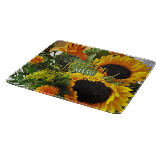 Monogramm, schöne Sonnenblumen Printglas Schneidebrett (Ecke)