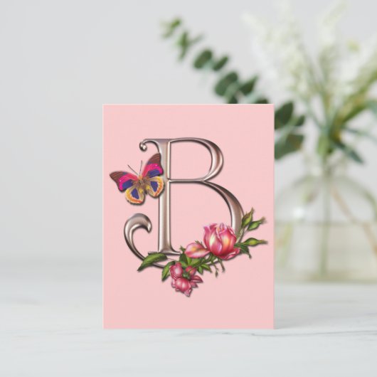 MONOGRAMM SCHREIBEN B MIT ROSE UND SCHALTFLÄCHE POSTKARTE (Stehend Vorderseite)