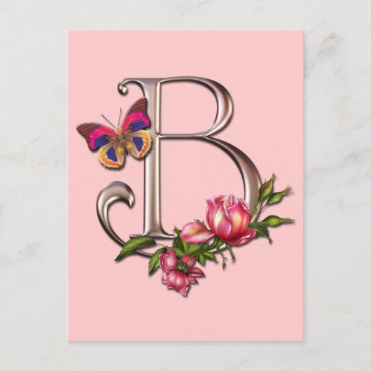 MONOGRAMM SCHREIBEN B MIT ROSE UND SCHALTFLÄCHE POSTKARTE (Vorderseite)