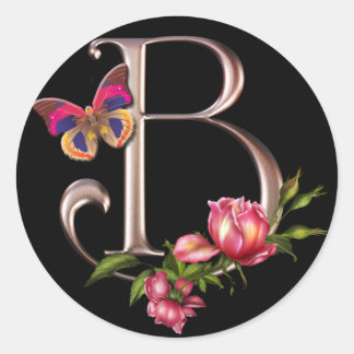 MONOGRAMM SCHREIBEN B MIT ROSE UND SCHALTFLÄCHE RUNDER AUFKLEBER