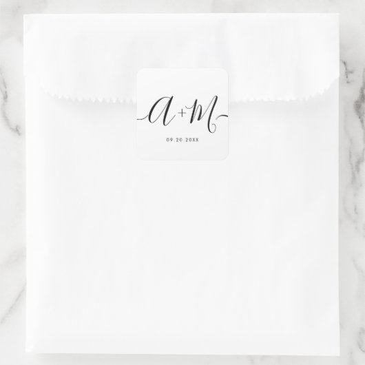Monogramm Schrift Hochzeitsdatum Minimalistisch Ma Quadratischer Aufkleber (Tasche)