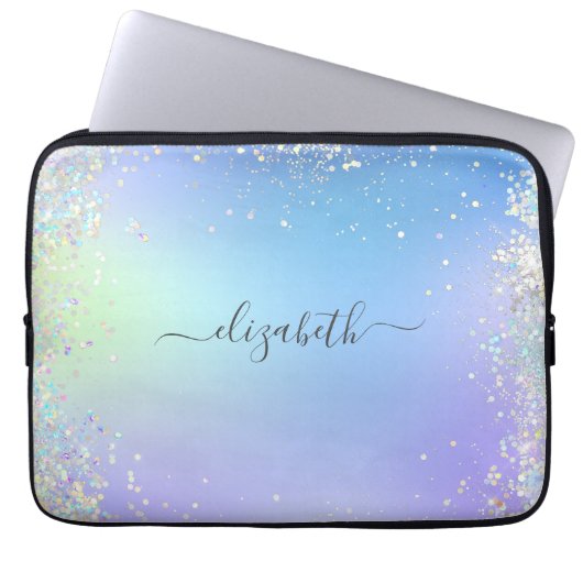 Monogramm Schrift Regenbogen Glitter Blau Lila Laptopschutzhülle (Vorderseite)