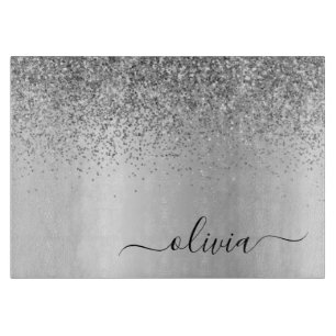 Monogramm Schrift Silber Schwarz Glitter Mädchen N Schneidebrett