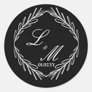 Monogramm Schrift Zweig Schwarz Weiß Hochzeit    Runder Aufkleber