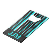 Monogramm Schwarz, Aqua Blue Strichcodestreifen Geldkarten Flaschenöffner (Vorderseite Schrägansicht)