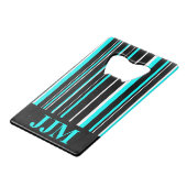 Monogramm Schwarz, Aqua Blue Strichcodestreifen Geldkarten Flaschenöffner (Rückseite Schrägansicht)