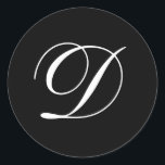 Monogramm-Schwarz-Aufkleber der Hochzeits-D Runder Aufkleber<br><div class="desc">Diese Aufkleber kennzeichnen ein elegantes Monogramm des Cursive D. Groß für Gastgeschenke Hochzeit.</div>
