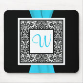 Monogramm Schwarz, Blau, Weiße Damassousepad Mousepad (Vorne)