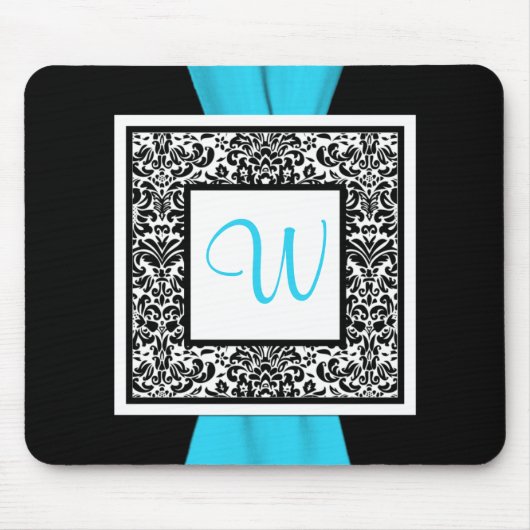 Monogramm Schwarz, Blau, Weiße Damassousepad Mousepad (Vorne)