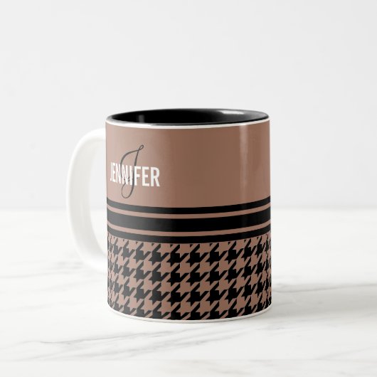 Monogramm schwarz-braun-Hahnentrittmuster Zweifarbige Tasse (Vorderseite Links)