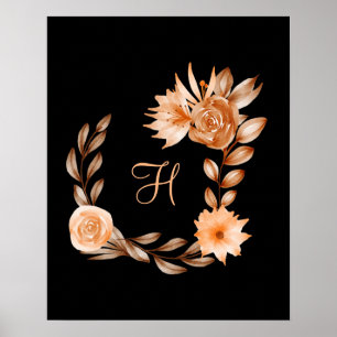 Monogramm Schwarz Braun und Pfirsich Blumen  Poster