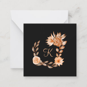 Monogramm Schwarz Braun und Pfirsich Blumenmuster  Mitteilungskarte