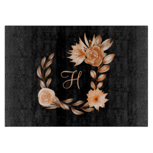 Monogramm Schwarz Braun und Pfirsich Blumenmuster  Schneidebrett