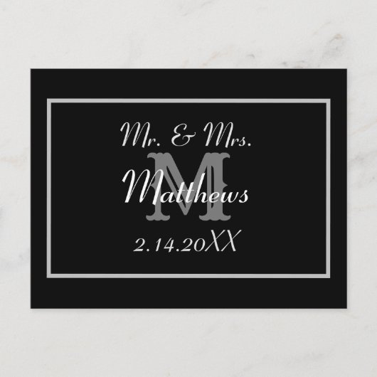 Monogramm Schwarz Braut Bräutigam Datum Hochzeit D Postkarte (Vorderseite)