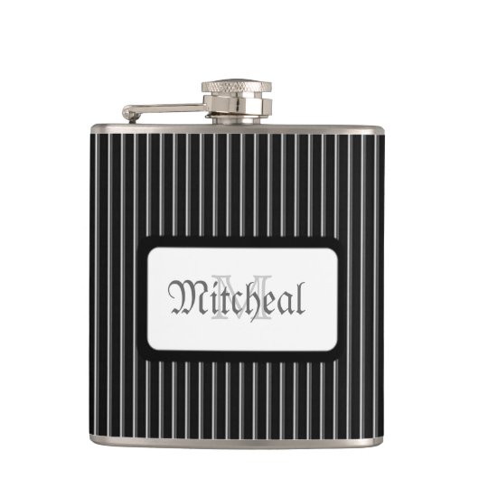 Monogramm-Schwarz-gestreifte Flasche Flachmann (Vorderseite)