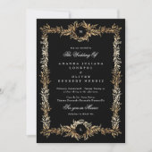 Monogramm Schwarz & Gold botanische Rahmenhochzeit Einladung (Vorderseite)