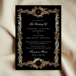 Monogramm Schwarz & Gold botanische Rahmenhochzeit Einladung