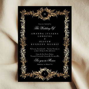 Monogramm Schwarz & Gold botanische Rahmenhochzeit Einladung