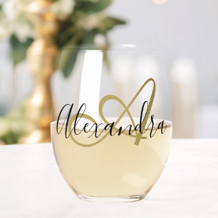 Monogramm Schwarz Gold Elegantes Schriftname Weinglas Ohne Stiel